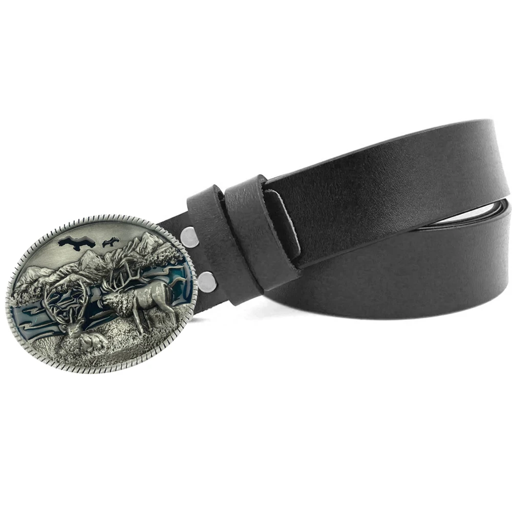 Western Cowboys Zinc Alloy Metal Deer Oval Buckle with Real Leather Belts for Men Gifts