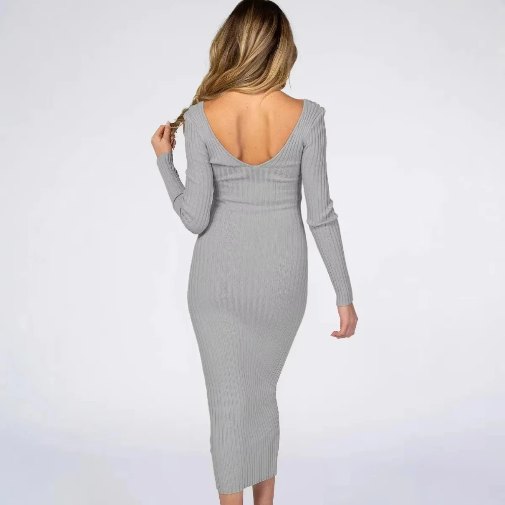 ชุดคลุมท้อง V คอยาวแขนยาวสีทึบสบายๆชุดยืดหยุ่นคลอดบุตรถ่ายภาพชุดเสื้อผ้าคนท้อง