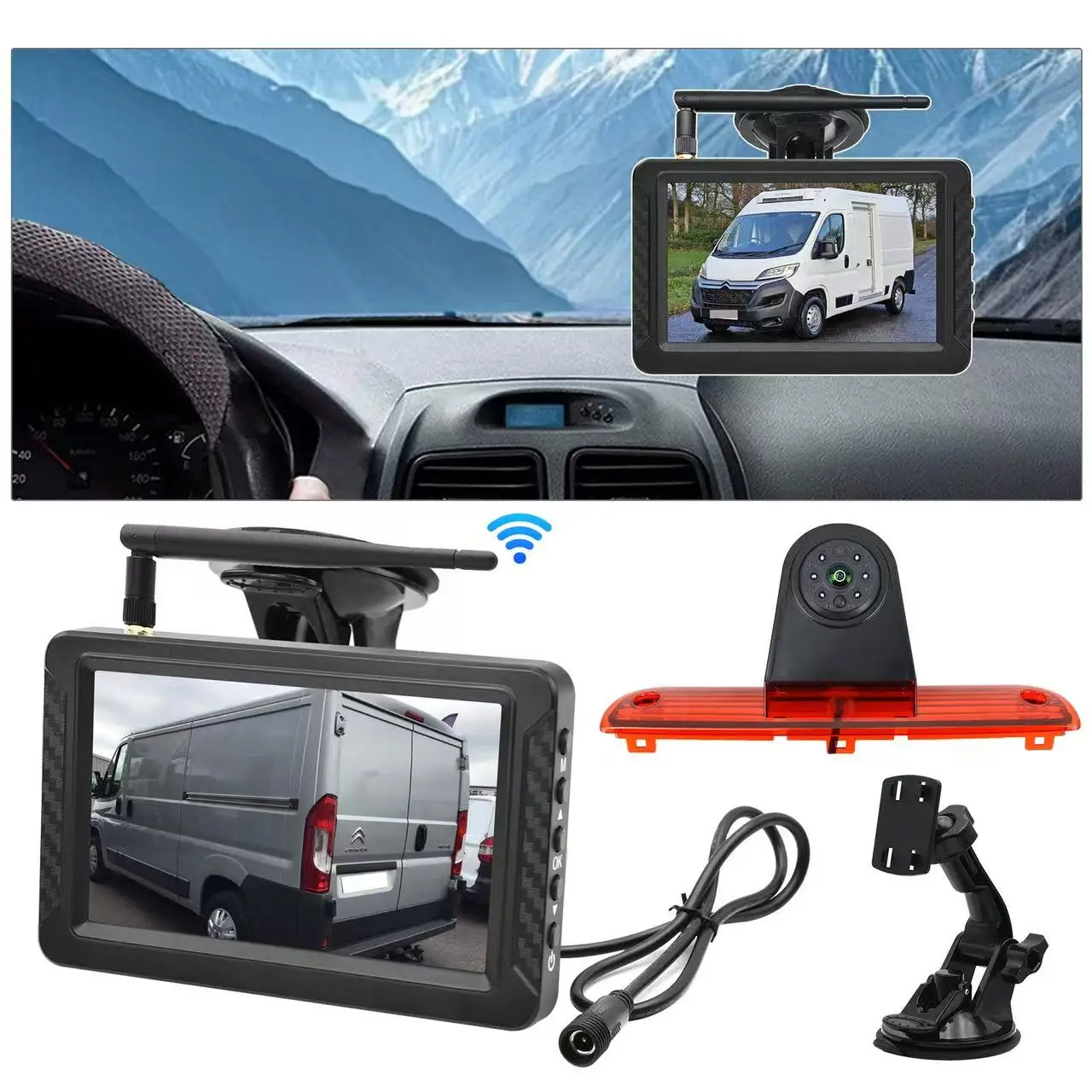 Cámara inalámbrica HD, luz de freno, cámara de marcha atrás con Monitor de 5 "para FIAT Ducato Peugeot Boxer Citroen Jumper, cámara trasera de estacionamiento