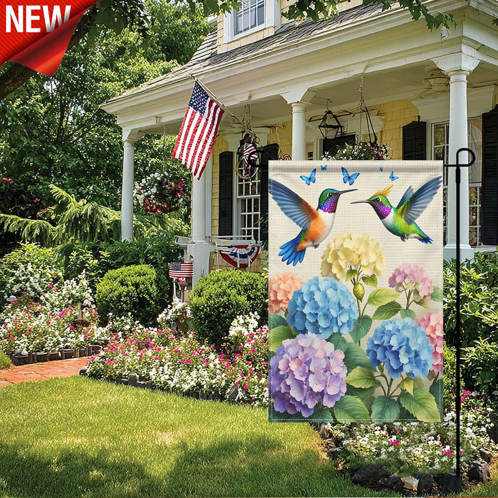 

1PC, Hummingbird Hydrangea Garden Flag Double Sided Spring Summer Floral Bird Yard Flag Colorful Hummingbird and Butterfly Outdoor Decorative Flag for Patio Lawn Porch Farmhouse Seasonal Outside Decor, Weather Resistant Garden Ban
