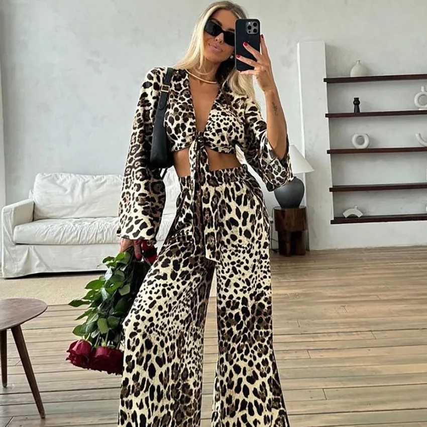 

Sexy Leopard Print 2 Piece Sets Women Outfit Elegant Loose Long Sleeve Hollow Out Navel Crop Top With High Waist Slit Pants Set