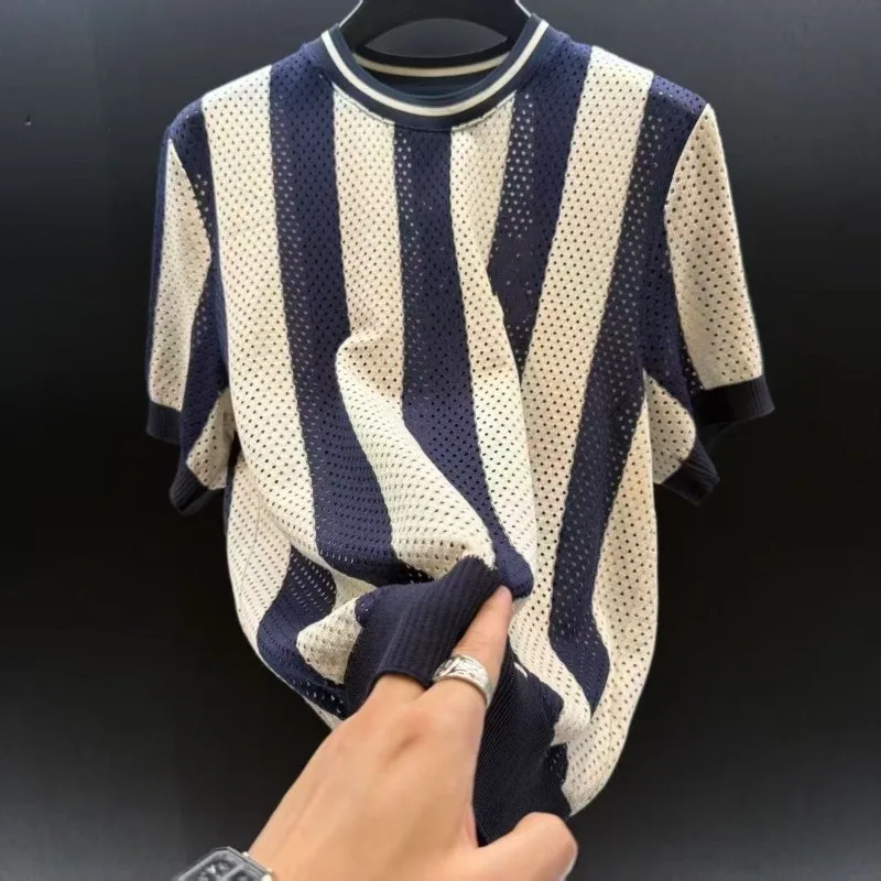 Men's Mesh Breathable Short Sleeve Casual Stretch Contrasting Stripe T Shirt Anti-wrinkle Tee for Male Big Size Trainning Tops