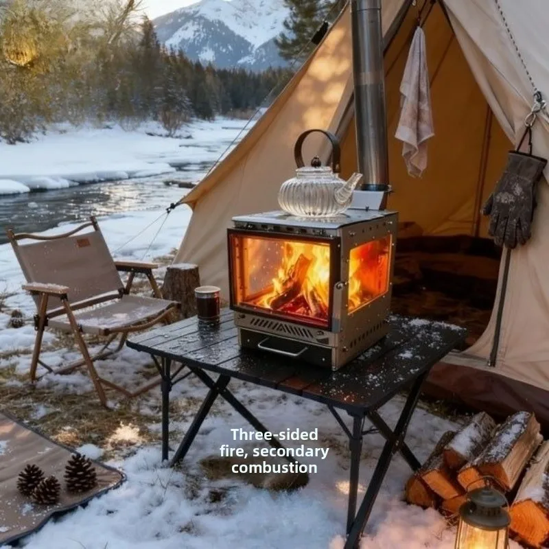 Tent Heater Stainless Steel 3 Glass Fire Observation Fireplace Brazier Portable with Chimney Camping Outdoor Wood Stove