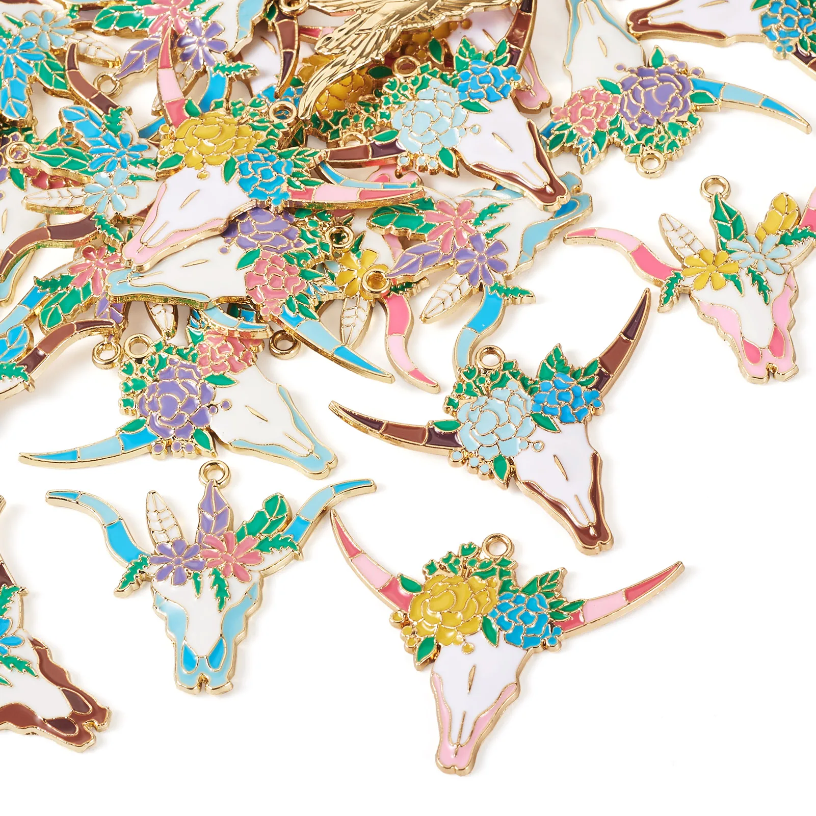 24Pcs Metal Enamel Pendants Ox-Head Shape with Flower Pattern Charms Light Gold Mixed Color for Making DIY Jewelry Necklace