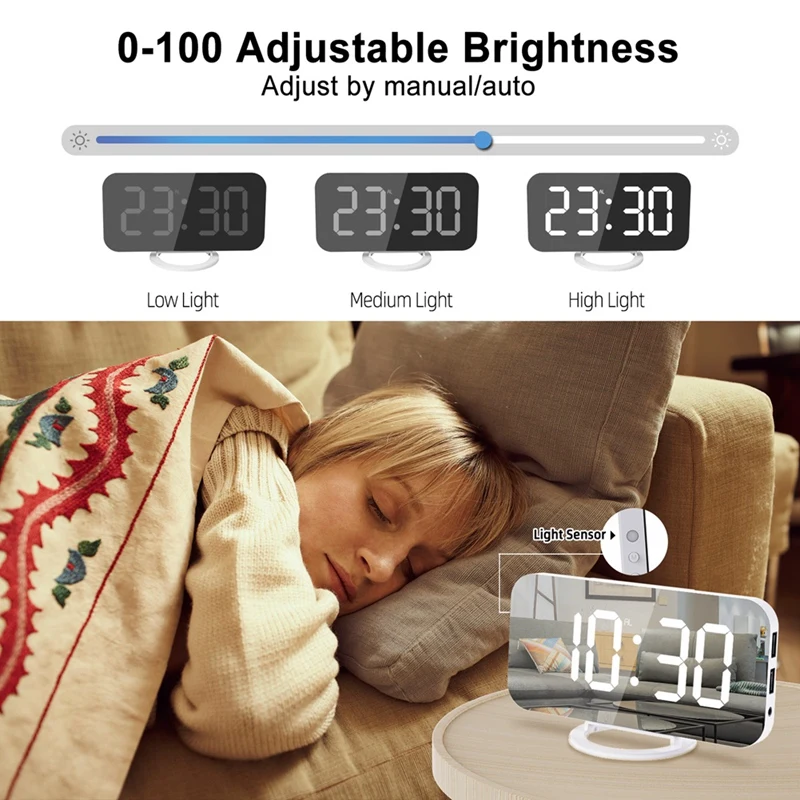 1Set LED Vibration Alarm Clock Multifunctional Dual USB Charging Automatically Adjust Brightness Black