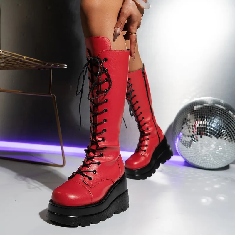 Botas Punk largas para mujer, zapatos de cuña para Cosplay, Botas por encima de la rodilla de marca, Botas rojas de plataforma alta para mujer, nuevas Botas góticas de tacón alto