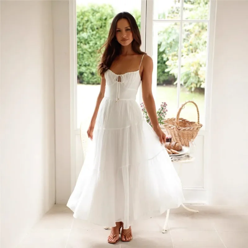 

Fashion Vintage Womens Boho Long Dresses Solid Color Spaghetti Strap Backless Tie-Up Party Beach A-line White Dress Vestidos