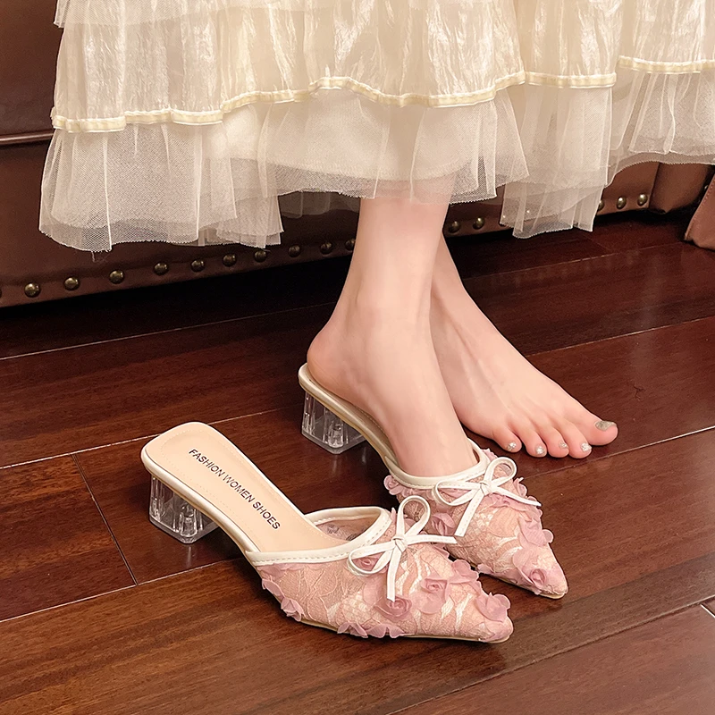 

Clear Block Heel Wrapped Slippers Women's Fashion Pointed Toe Shallow Bow Mesh Block Heel Shoes