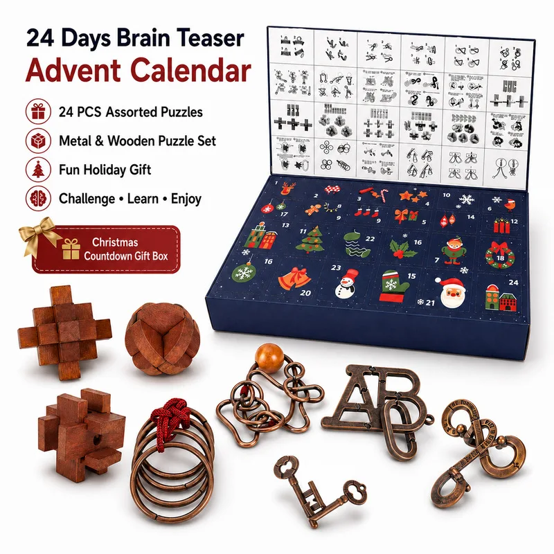 24pcs Advent Calendar Puzzle Set – Nine Ring & Luban Lock Brain Teasers, Christmas Countdown Blind Box IQ Games, Educational Toy