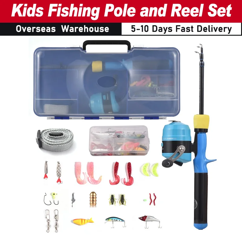 Kids Fishing Pole and Reel Set Fishing Rod and Reel Combo with Hooks Lures Fishing Accessories w/ Tackle Box for Boys and Girls