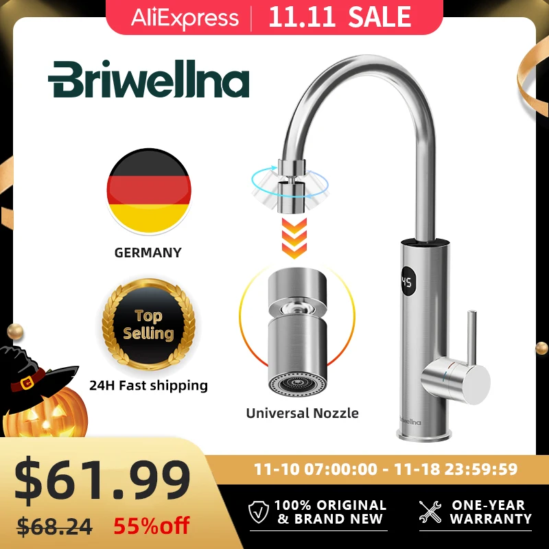 

Briwellna Stainless Steel Electric Faucet With Extender Nozzle Flexible 220V Instant Hot Water Tap With Digital Display Geyser