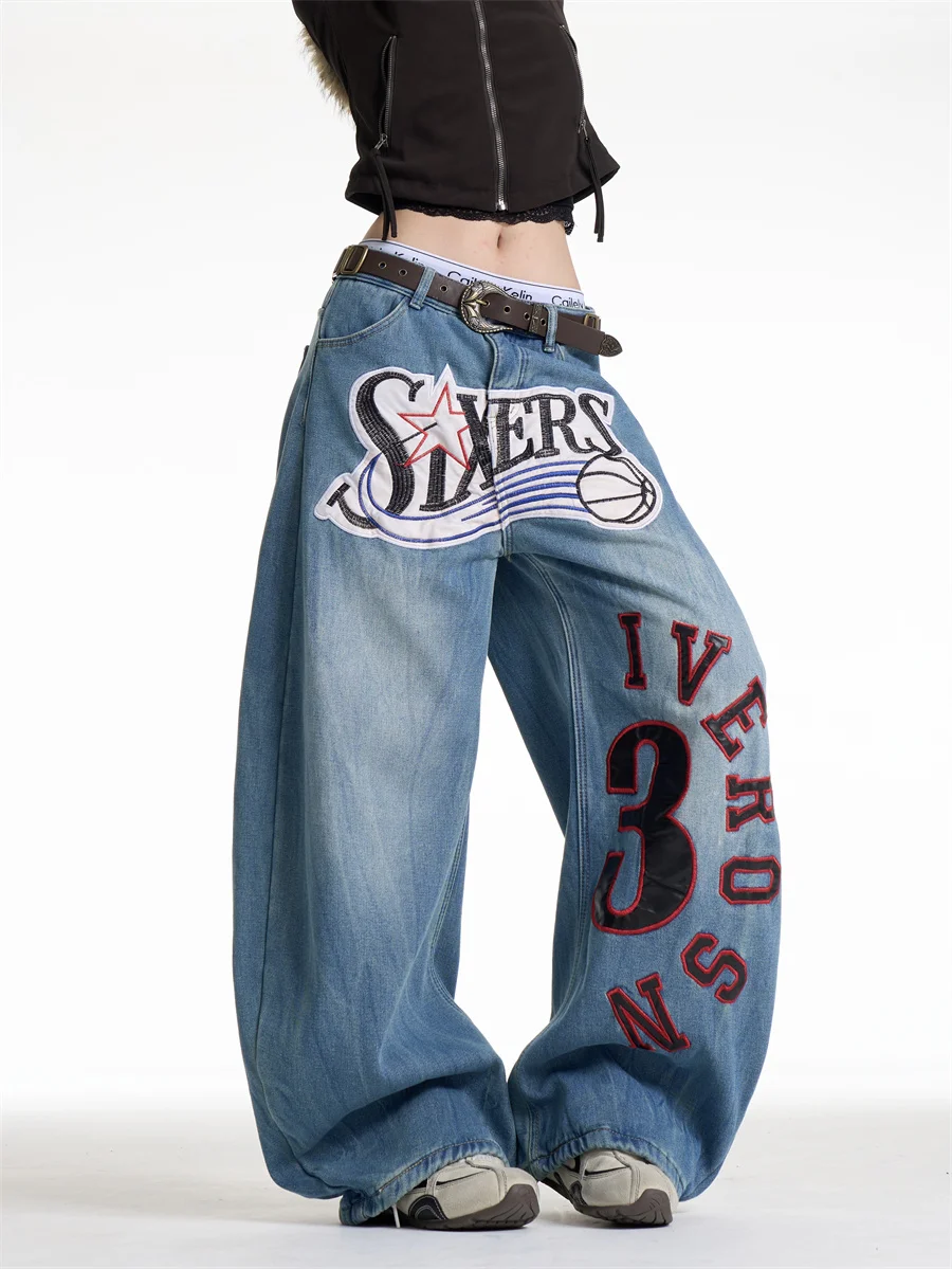 

Джинсы Street Sle Fce из денима с подкладкой, вышивкой в виде букв и нашивкой в виде ножа, для женщин, свободный крой, широкие штанины