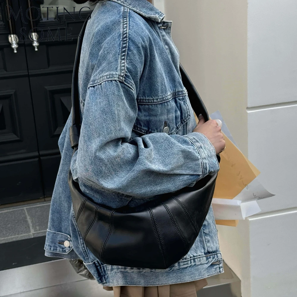 

Motingsome Sheep Genuine Leather New in Handbag Women Shoulder Pillow Purse Luxury Designer Bags Croissant Shape Underarm Tote