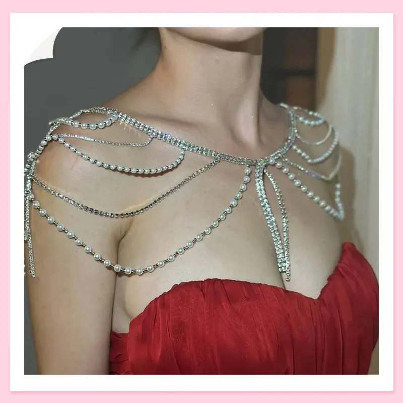 

New Multi-Layer Tassel Pearl Shoulder Chain Ball Tour Rhinestone Shine Shoulder Chain Body Chain