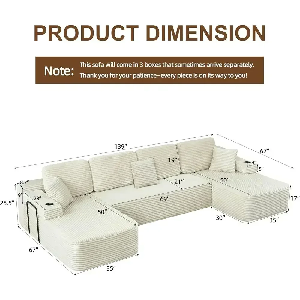 138 L-Shape Chaise Sectional Sofa with Deep Seat, Minimalist Upholstered Couch, Corduroy Fabric, Living Room/Bedroom, Ready to U