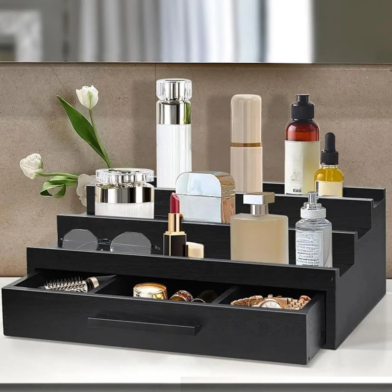Fragrance Organizer Three-Layer Perfume Holder Perfume Rack Organizer Perfume Rack Wooden Perfume Stand Black Perfume Organizer