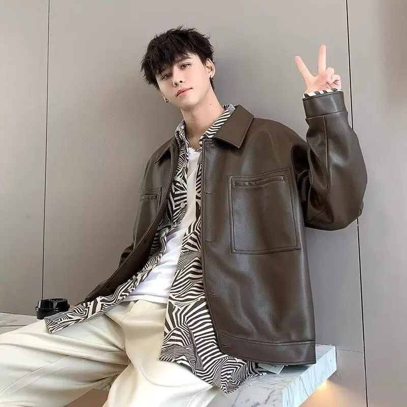 سترة رجالية من جلد البولي يوريثان بتصميم هونج كونج بتصميم كلاسيكي فضفاض مناسب لراكبي الدراجات النارية مع طية صدر السترة ملابس خارجية عصرية للربيع والخريف #1