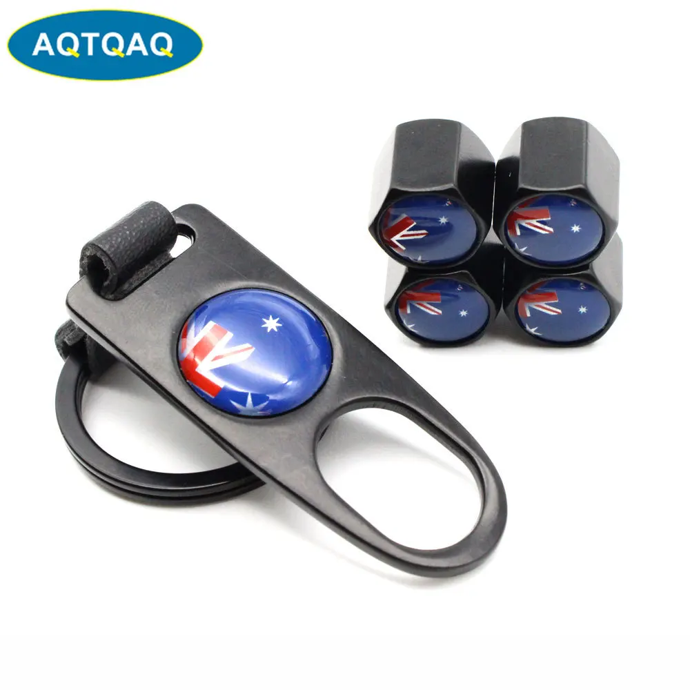 5Pcs/Set Australia Flag Style Anti-theft Car Wheel Air Tire Valves Tire Leather buckle Valve Caps Stem with Wrench Ring Spanner