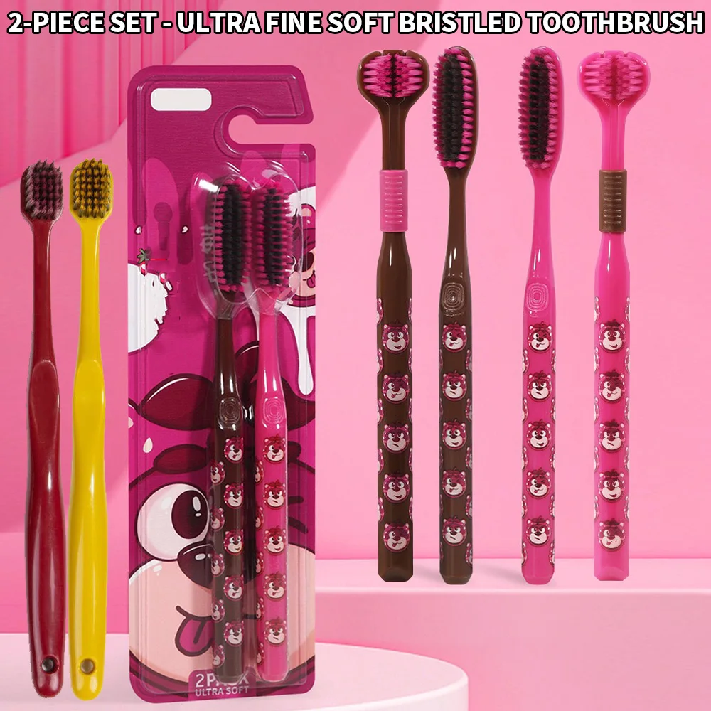 

2-piece set - Ultra fine soft bristled toothbrush set, extended head, three sided ring brush, regular, personal manual toothbrus