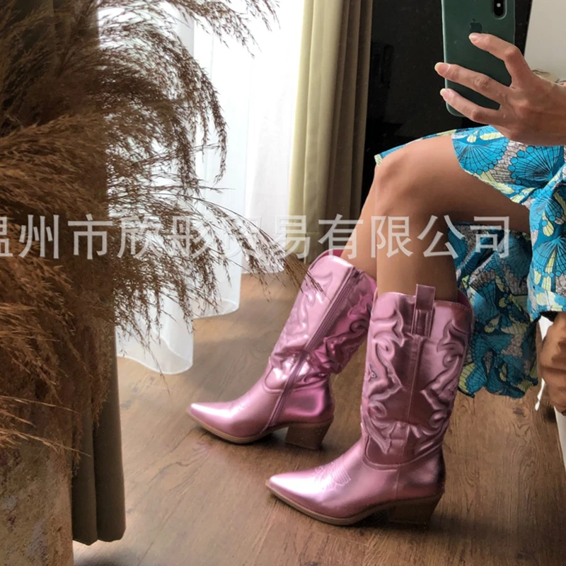 New Women Cowgirl Boots Cowboy Zip Embroidered Pointed Toe Chunky Mid Calf Trendy Shoes Retro Fashion Comfy Ridding Boots Ladies