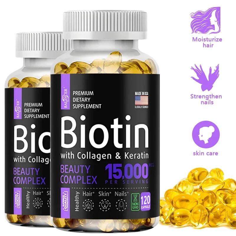 High Potency Biotin + Collagen + Keratin Supplement for Men and Women - Helps Enhance Healthy Hair, Skin, Nails | Non-GMO