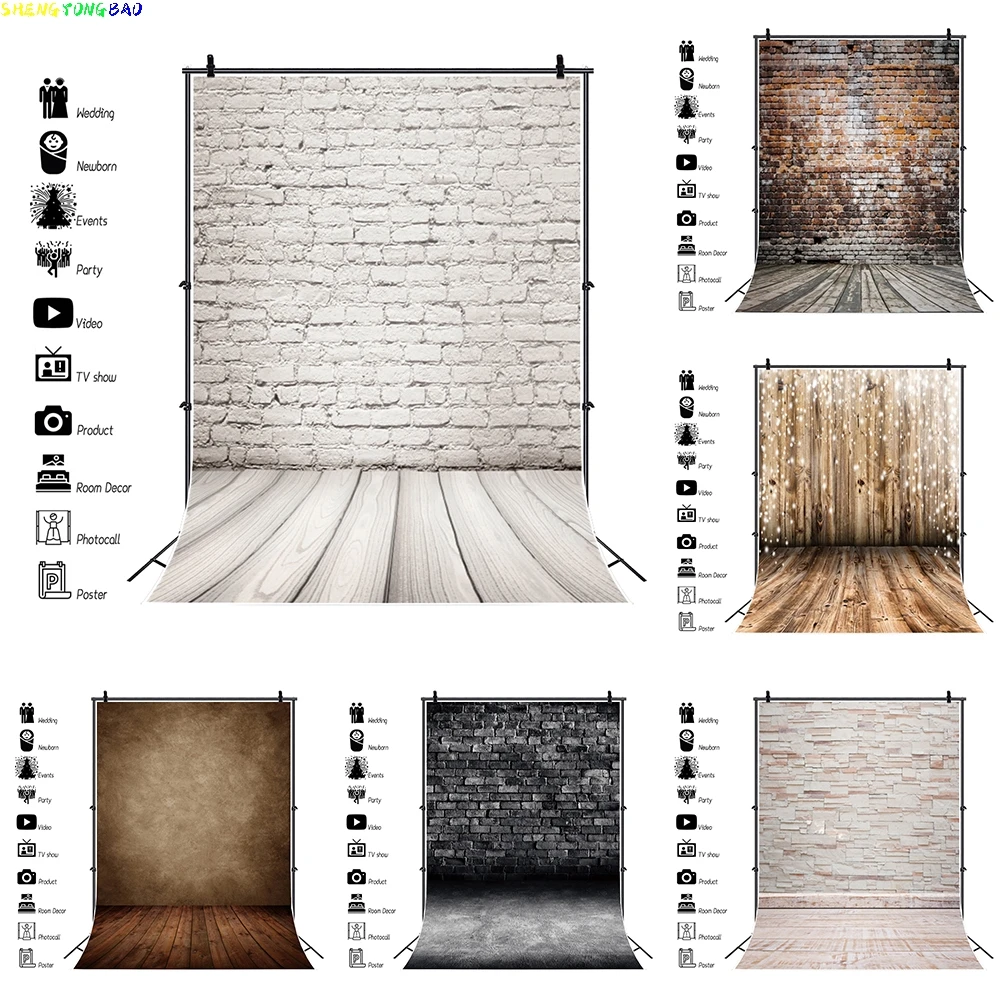 

Grunge Gradient Brick Wall Photography Backdrop Wooden Board Floor Interior Baby Child Portrait Doll Toy Background Photo Studio