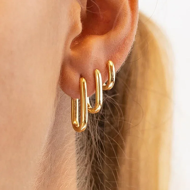 3PCS Vintage Stainless Steel U-Shape Hoop Earrings Set for Women Geometry Circle Square Earring Piercing  Jewelry aretes mujer