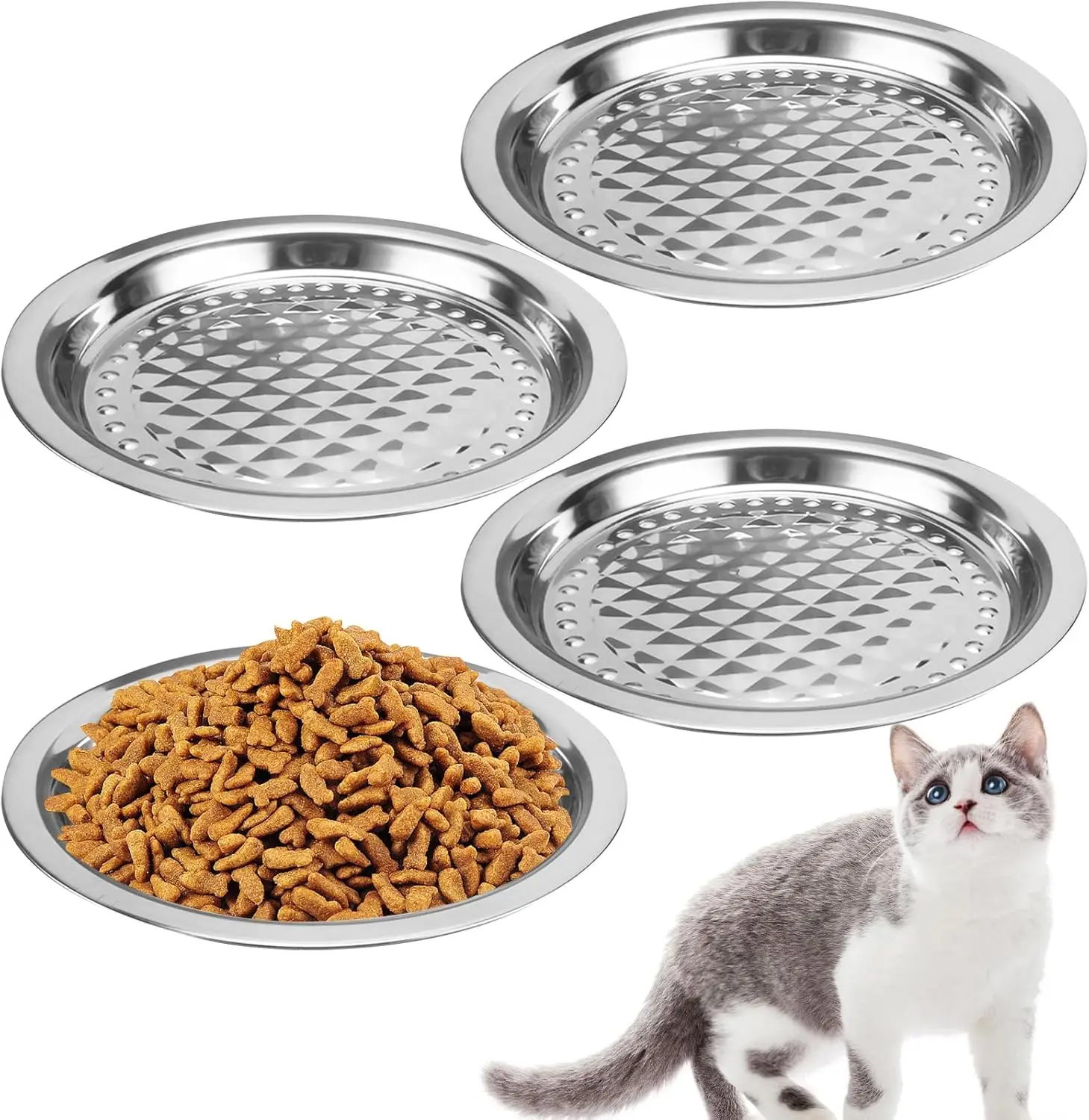 

3PCS Stainless Steel Cat Bowls, 13.3" Dia Shallow Cats Water Food Dish Replacement Whisker Fatigue Relief Plate Stackable Metal