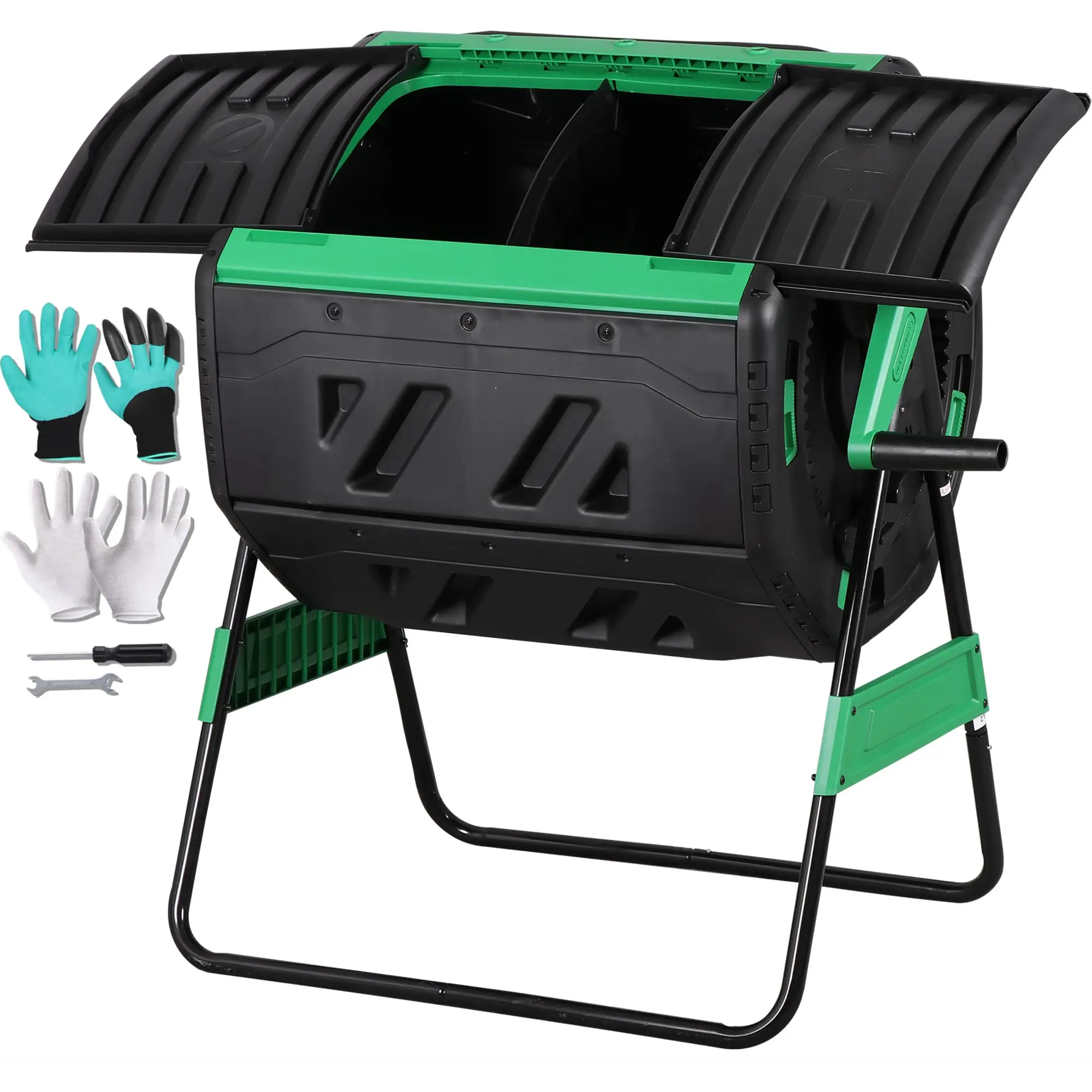 53 Gal Dual Chamber Compost Tumbler Outdoor - BPA-Free Rotating Composter with 8 Adjustable Vents, 2 Sliding Doors &