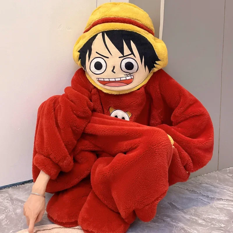 

One Piece Monkey D. Luffy Autumn and Winter Coral Fleece One-Piece Pajamas Cartoon Hooded Anime Funny Home Clothes