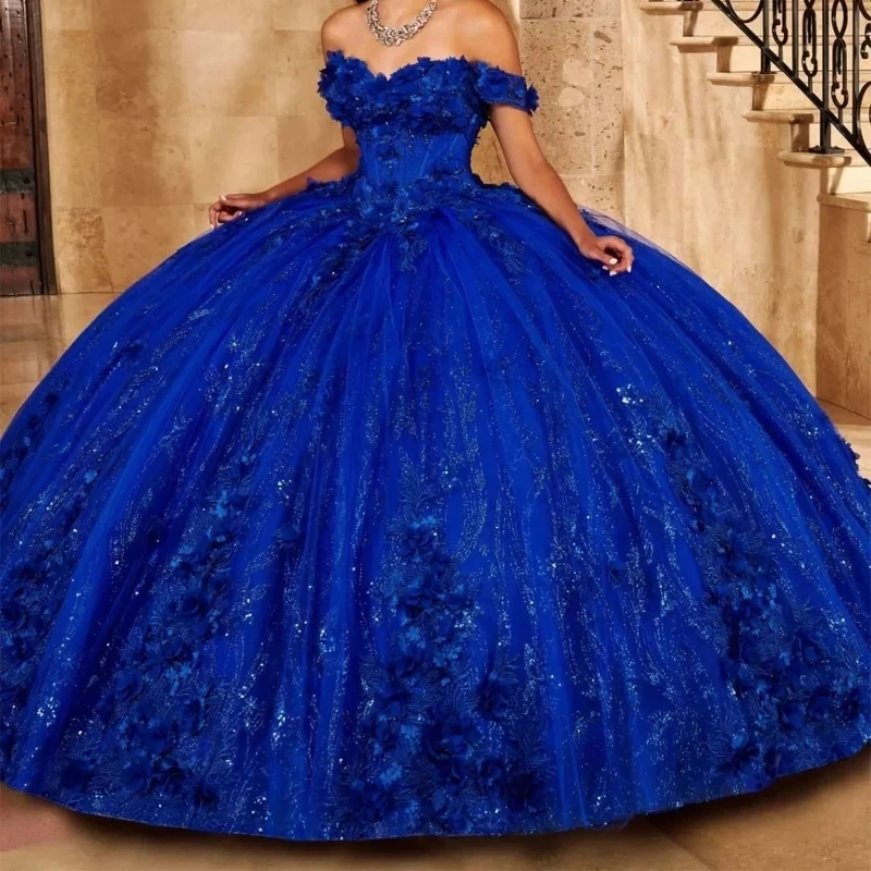 

Royal Blue Shiny Quinceanera Dresses Pink 3D Flowers Appliques Off Shoulder Corset Prom Party Gown 16 Vestidos De XV Anos