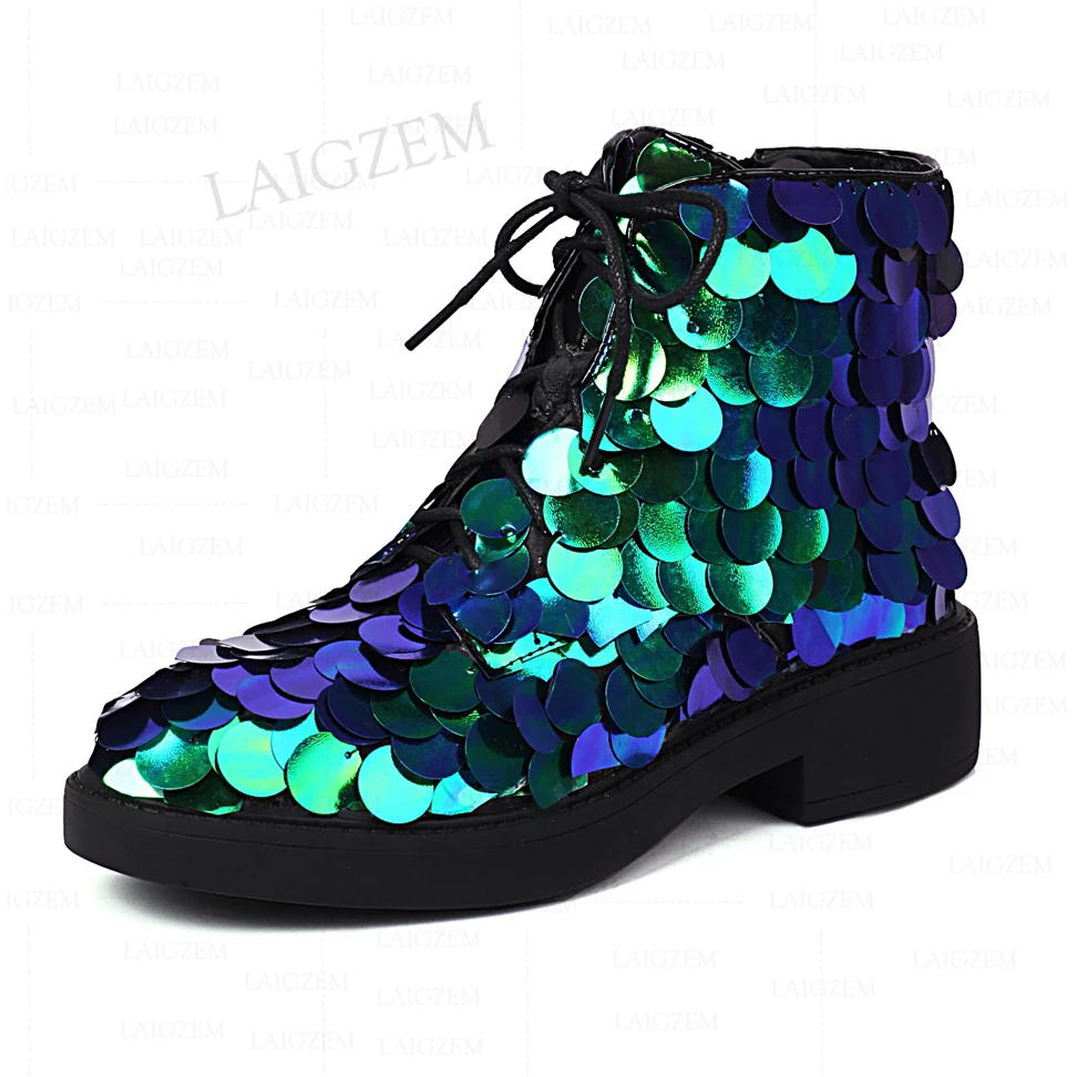

LAIGZEM Women Ankle Boots Sequined Glitter 4CM Low Heels Round Toe Side Zip Booties Ladies Shoes Woman Large Size 33 42 43 45 48
