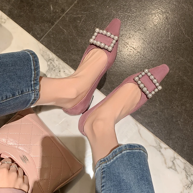أحذية النساء اللؤلؤ مشبك ساحة تو جلد الغزال الفاخرة الشقق كعب منخفض امرأة جديدة ربيع الخريف اليدوية أحذية بسيطة #3