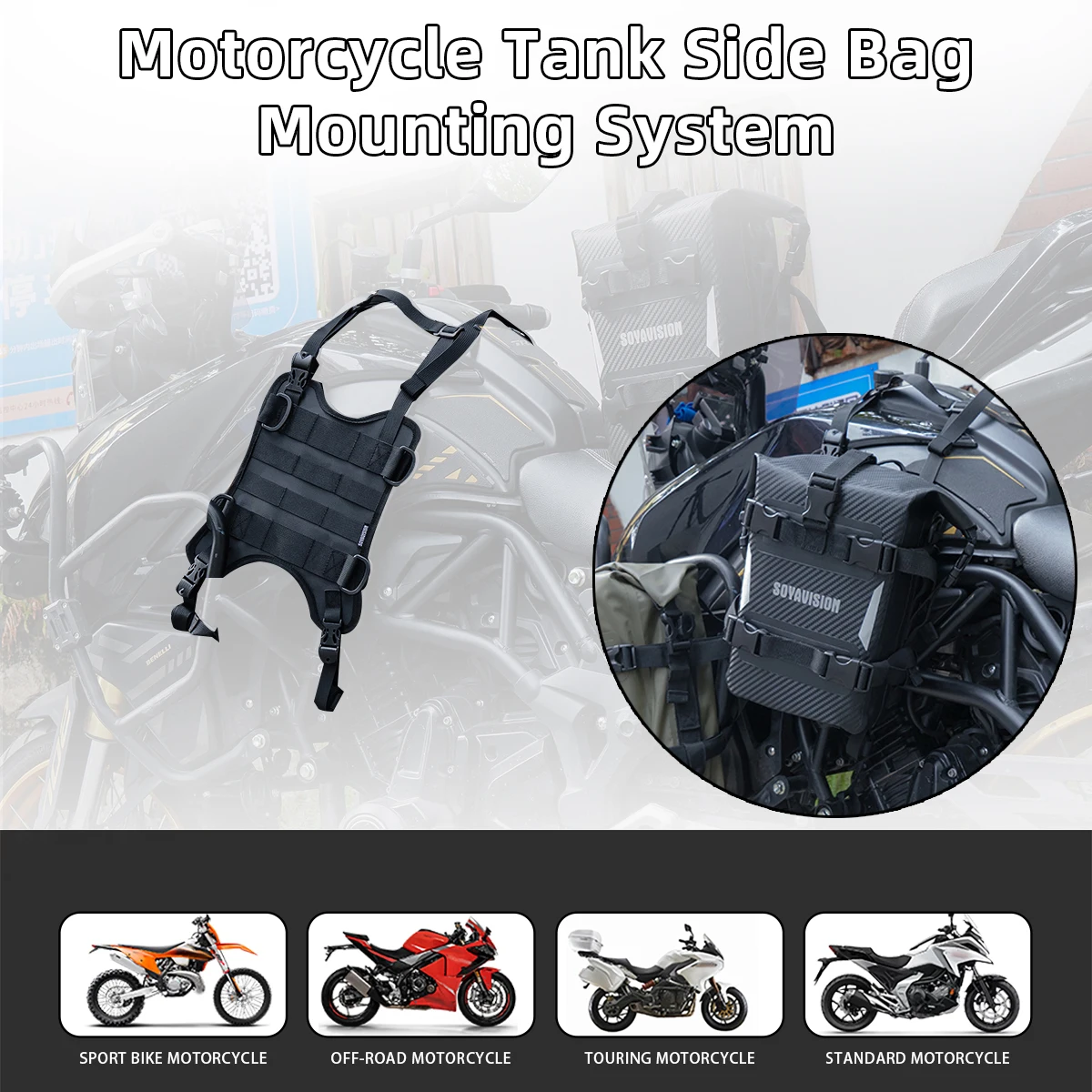 

Motorcycle Tank Side Bag Mounting System Motorbike Fuel Tank Side Bag Mount Base Vest With MOLLE System Front Bag Carrier System