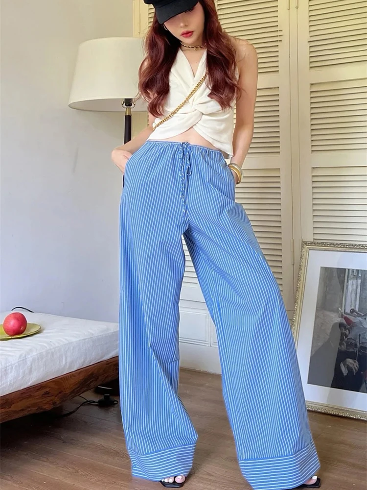 HH Women Summer Lace-up Striped Strained Slides Wide-Legging Casual Trousers Female Elegant Commuter High Street Ankle Pants