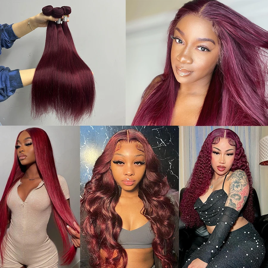 Bundles de cheveux humains raides bordeaux, extensions de cheveux brésiliens colorés, doux, 99j, 12-26 po, 1/3 pièces, 4 pièces