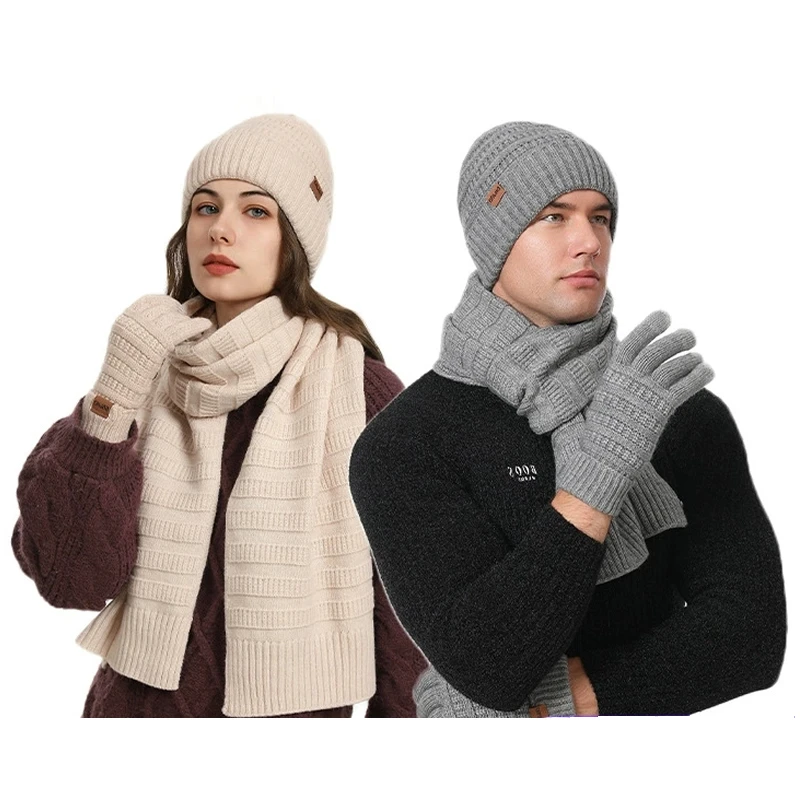 厚みのあるフリースニット帽子スカーフ手袋-3-点セット男性と女性用暖かく居心地の良い冬用アクセサリーウール素材