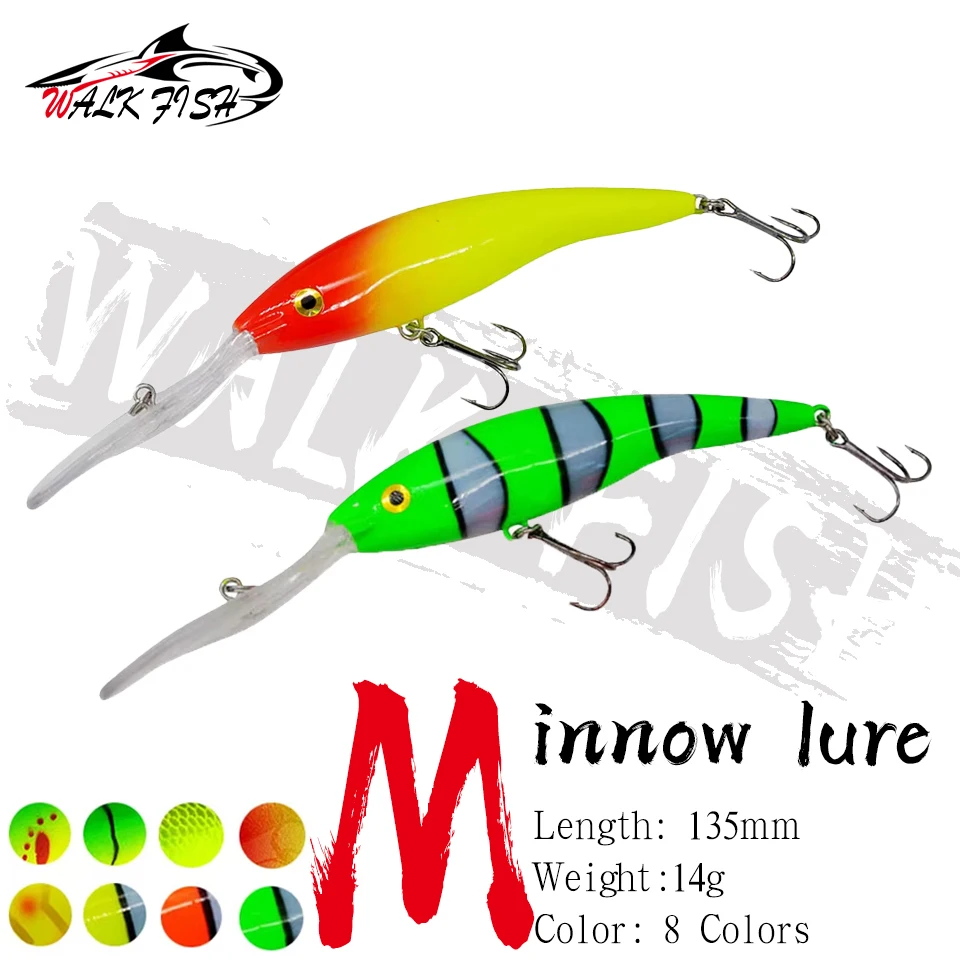 WALK FISH 1 Stück 13,5cm 14g Minnow Angelköder mit Langer Lippe, Wobbler für Hecht, Forelle, Seebarsch, Swimbait Angelzubehör, Künstliche Hartköder