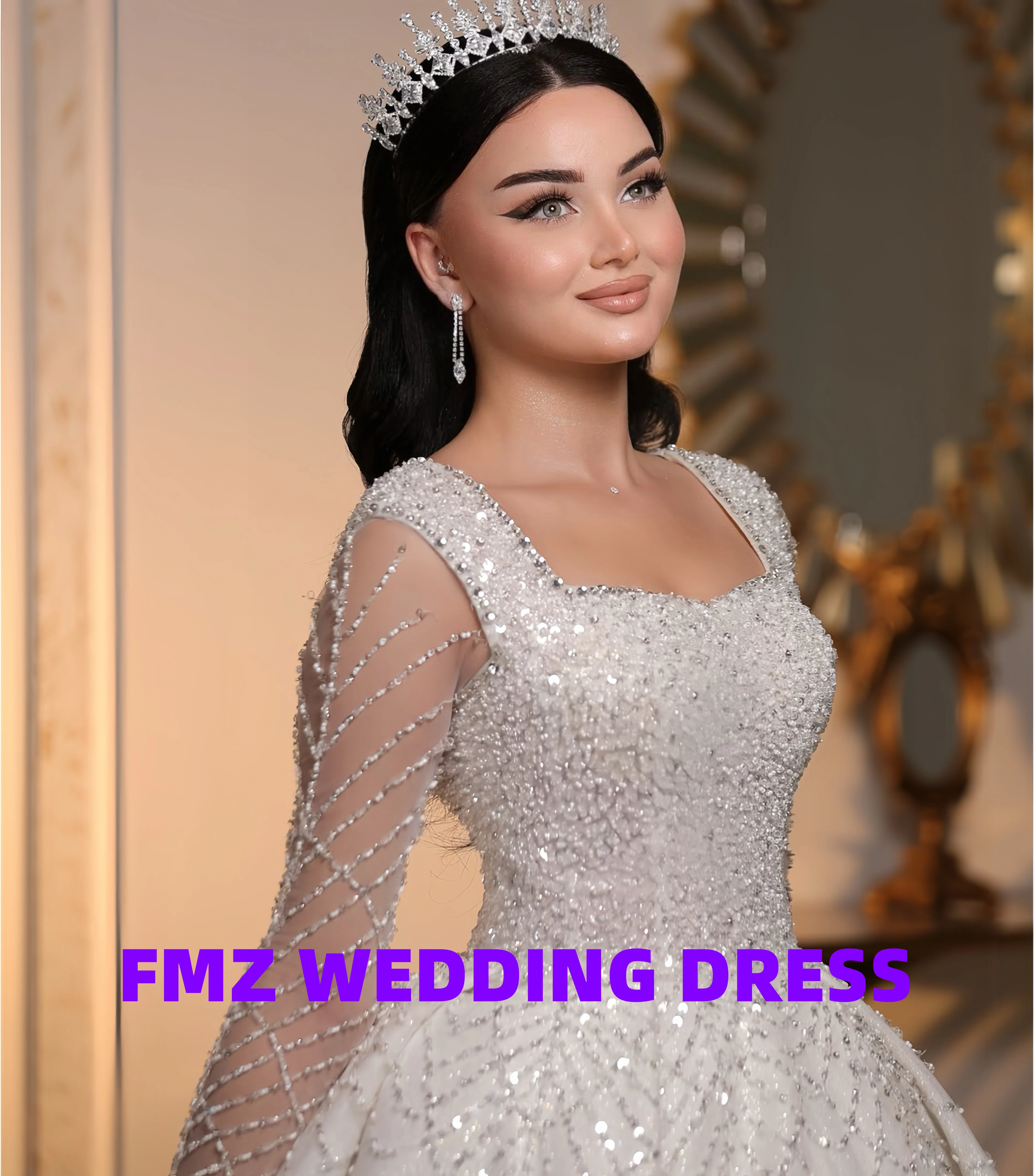 Aangepaste prachtige trouwjurk vierkante kraag lange mouwen kralen baljurk robe de mariee trouwjurk vestidos de novia