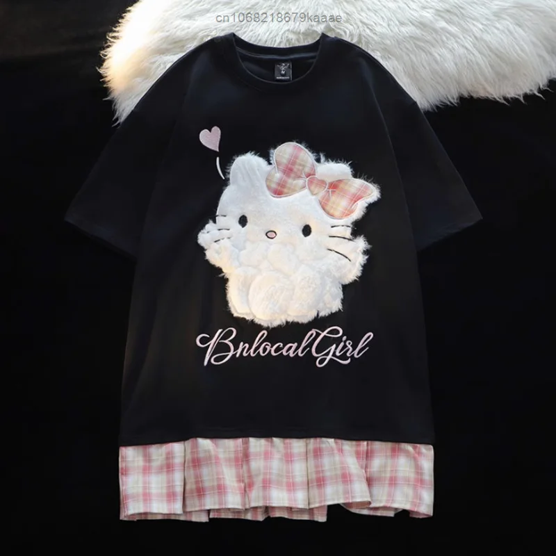 Sanrio Cute Hello Kitty Embroidery Summer New Short Sleeve T-shirt Women Patchwork Versatile Mid Length Tops Y2k Harajuku Tees