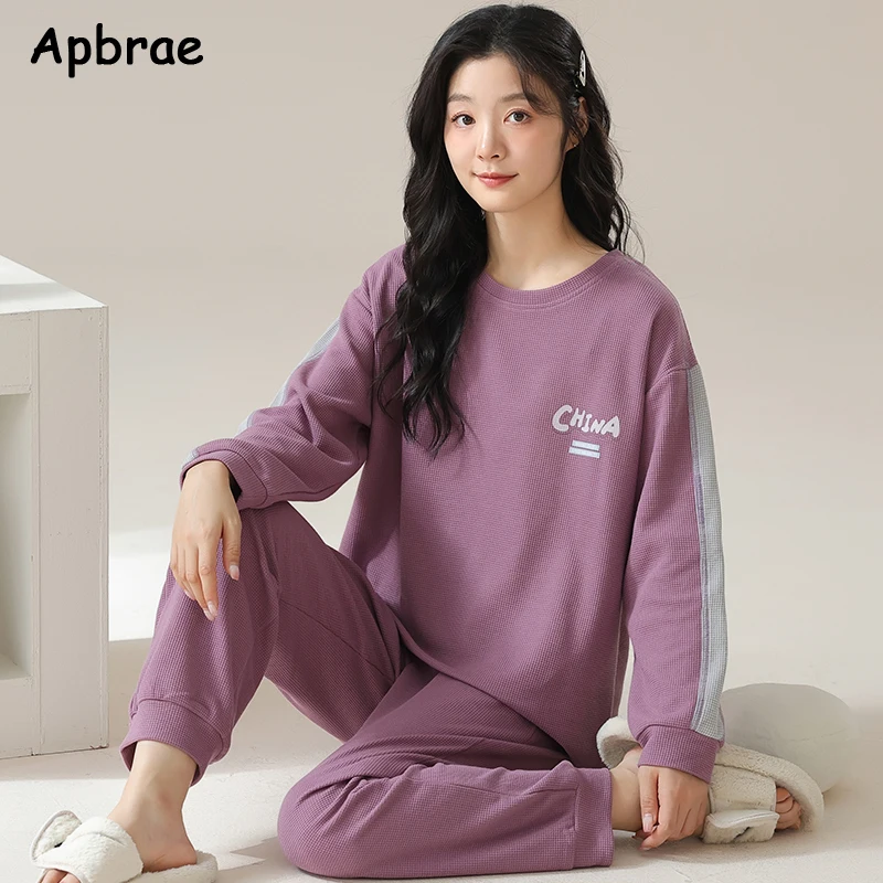 Autumn Winter Waffle Cotton Pajamas for Women Long Sleeves Home Wear Casual Sports Pijamas Round Collar Woman Sleepwear