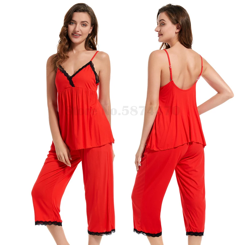 Sexy Lace Decoration Modal Pajamas Suit Solid Color Suspender Capri Pants Two-Piece Sleepwear Loose Casual Women's Home Clothes