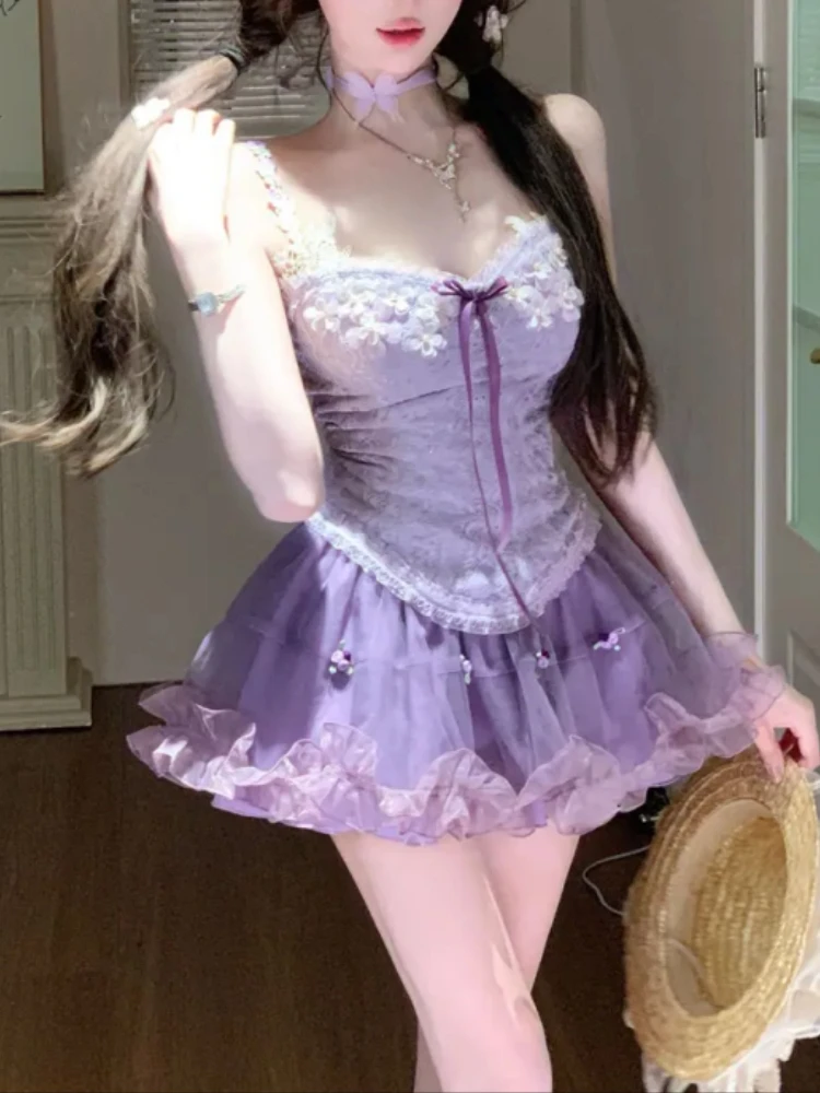 2025 sommer Retro Süße 2-teiliges Set Frauen Y2k Bogen Blume Camislo + Elastische Mini Rock Weiblichen Koreanischen Design elegante Chic Outfits