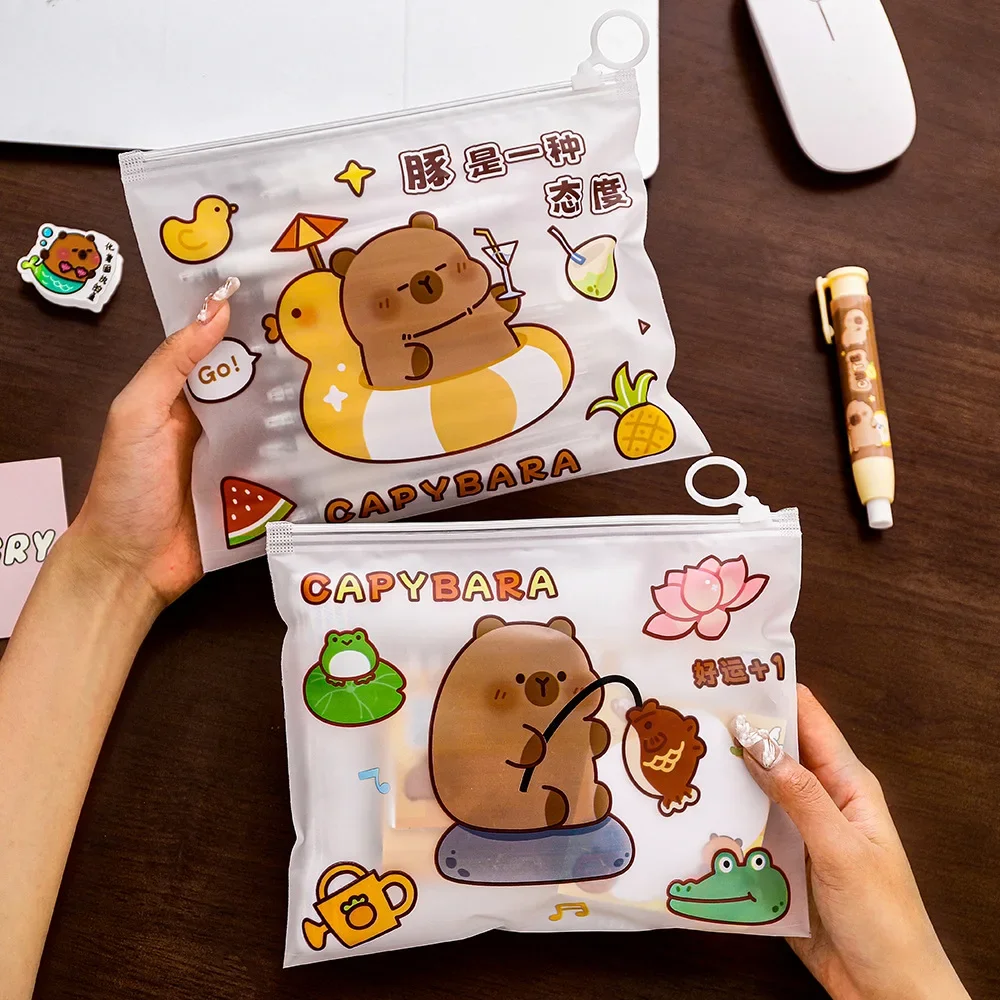 Waterproof A4 Document Bag Capybara Clear Zipper Pouch with 3-Ring Binder Holes Cute Cartoon for School Office