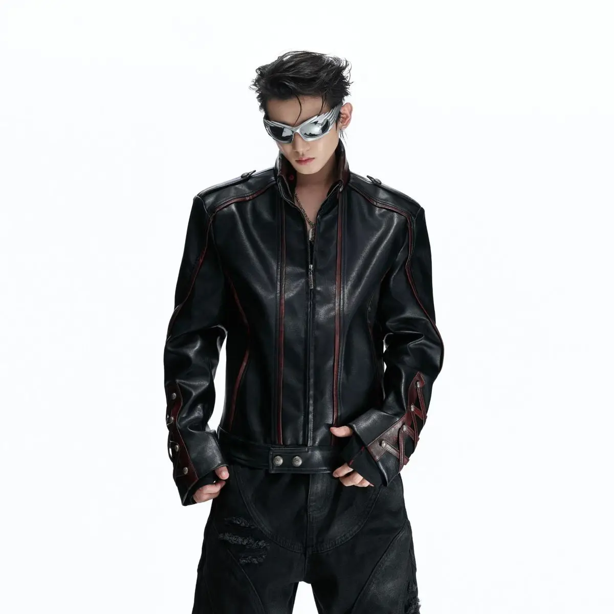 Biker Jacket Mens Clothing Coat Deconstructed Color-blocked Stand-up Right-shoulder Leather Jacket Crisscross Strap Design