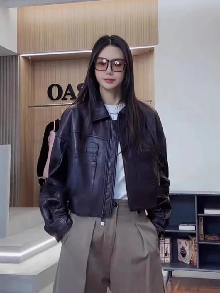 

Casual Sle ort eepskin Leather Jaet Women's Loose Fit Faionable Coat with Big kets Genuine Leather Outerwear