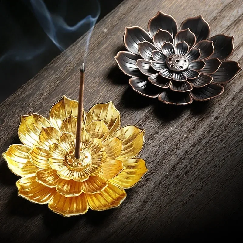 Porous Lotus Alloy Incense Burner Stick Lotus Flower Incense Holder Buddhism Mini Sandalwood Censer Temples Home Decor Supplies