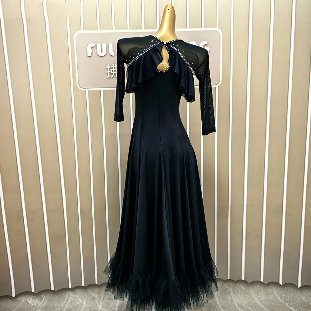 Dance Dress Light Blue Flamenco Skirt Rhinestone Black Waltz Practice Competition Crew Neck Black Stage Costume