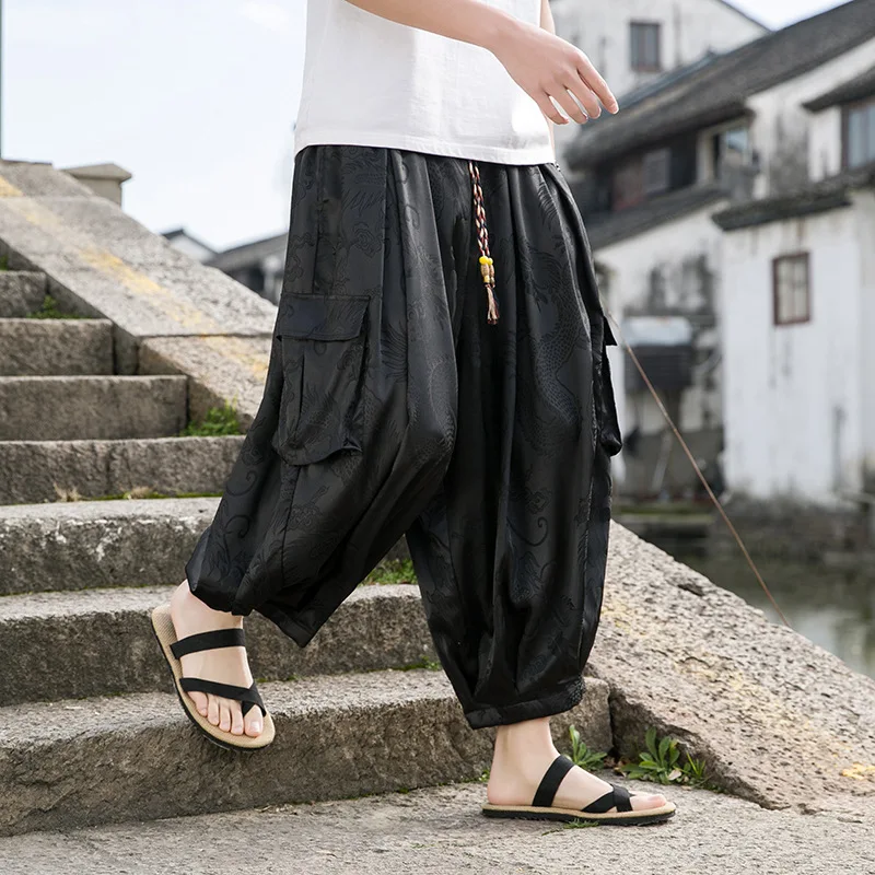 Spring and Autumn Men's Chinese Style Workwear for Foreign Trade: Large Pocket Dragon Print 7-inch Pants with Wide Legs