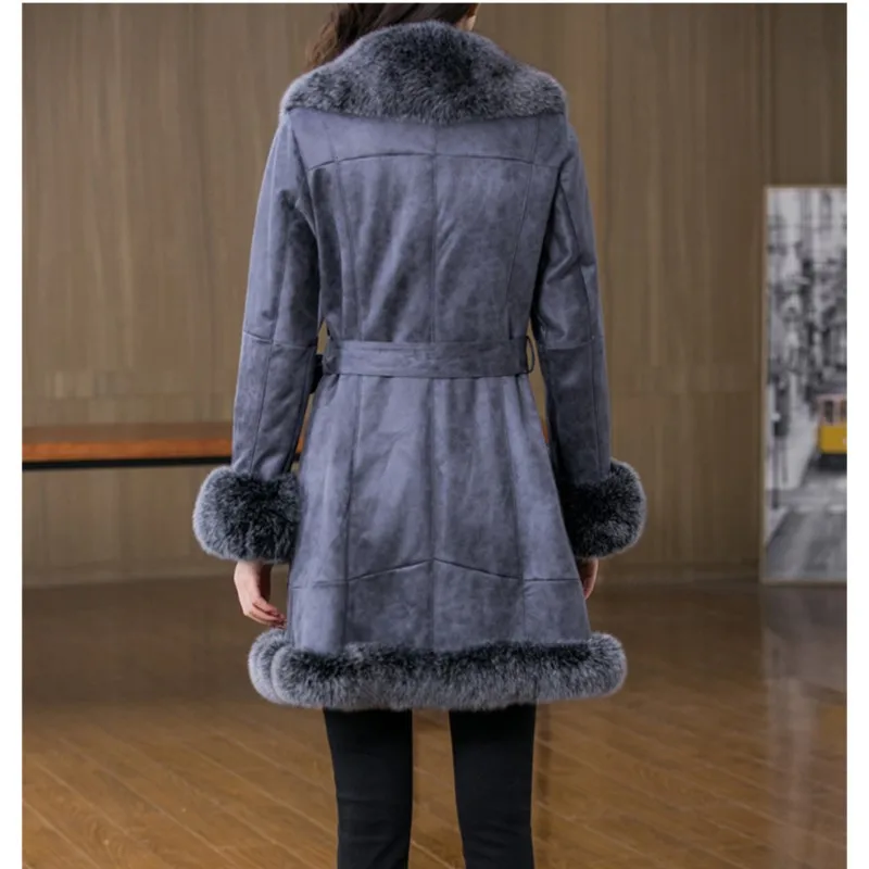 2022 New Real Rabbit Fur Coat Double Face Rabbit Fur Clothing Medium-Long Women Winter Warm Fur Overcoat Fox Fur Cuffs Collars